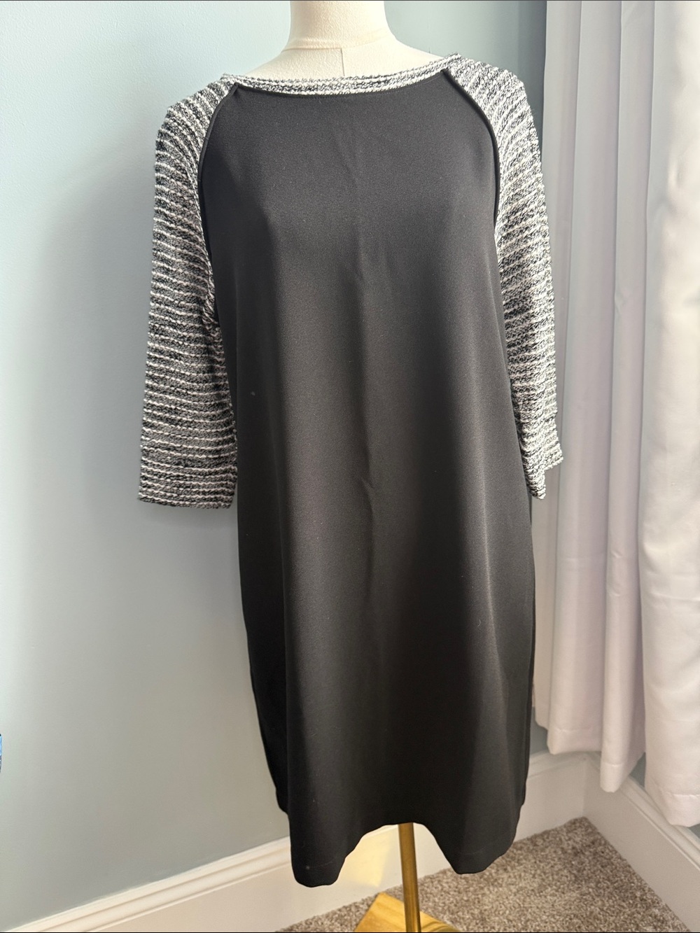 LOFT Black Shift Dress with Gray Textured Raglan Sleeves